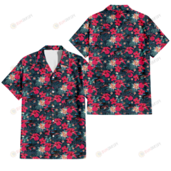 Miami Marlins Tiny Red Hibiscus White Porcelain Flower Black Background 3D Hawaiian Shirt