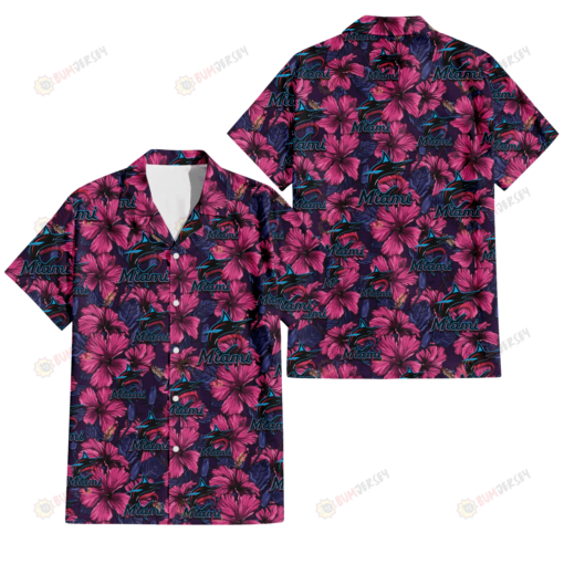 Miami Marlins Violet Red Blue Leaf Black Background 3D Hawaiian Shirt