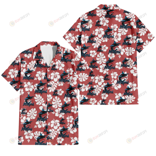 Miami Marlins White Hibiscus Indian Red Background 3D Hawaiian Shirt