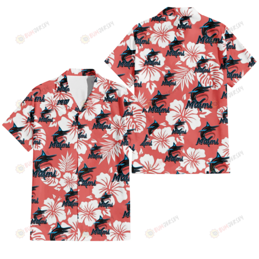 Miami Marlins White Hibiscus Salmon Background 3D Hawaiian Shirt