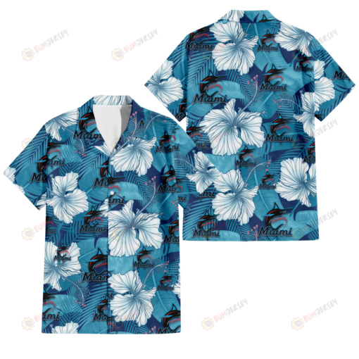 Miami Marlins White Hibiscus Turquoise Banana Leaf Navy Background 3D Hawaiian Shirt