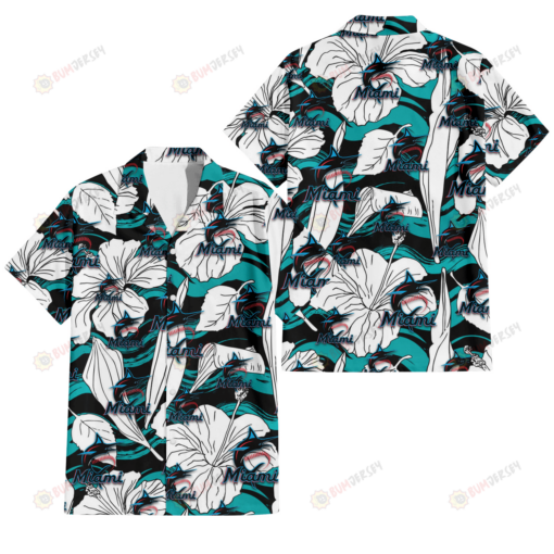 Miami Marlins White Hibiscus Turquoise Wave Black Background 3D Hawaiian Shirt