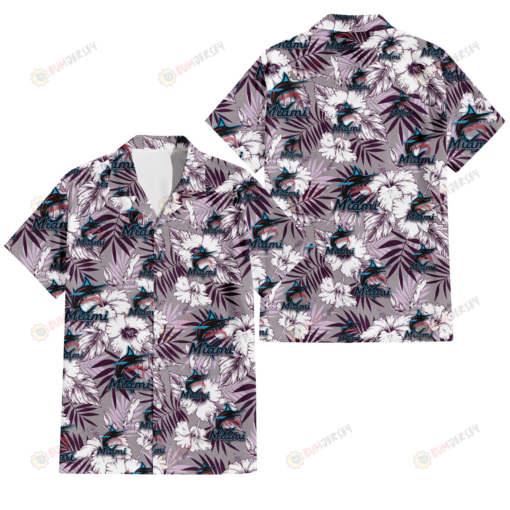 Miami Marlins White Hibiscus Violet Leaves Light Grey Background 3D Hawaiian Shirt