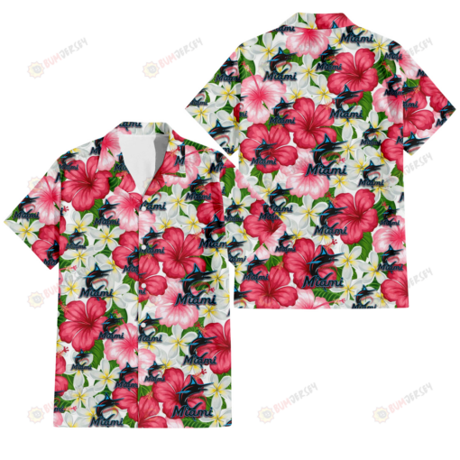 Miami Marlins White Porcelain Flower Pink Hibiscus White Background 3D Hawaiian Shirt