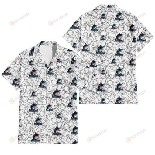 Miami Marlins White Sketch Hibiscus Pattern White Background 3D Hawaiian Shirt