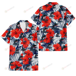 Miami Marlins White Tropical Leaf Red Hibiscus Navy Background 3D Hawaiian Shirt