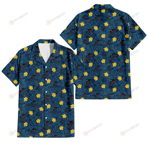Miami Marlins Yellow Hibiscus Cadet Blue Leaf Navy Background 3D Hawaiian Shirt