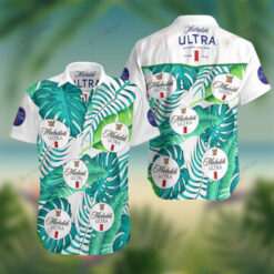 Michelob Ultra Leaf Pattern Curved Hawaiian Shirt In White & Green