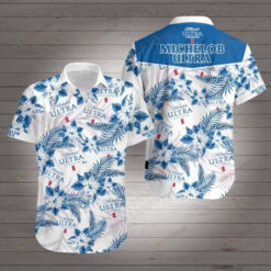 Michelob Ultra Leaf & Flower Pattern Curved Hawaiian Shirt In White & Blue