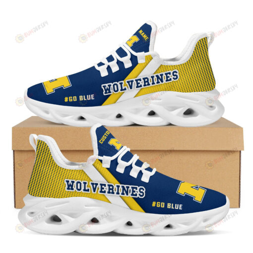 Michigan Wolverines Logo Custom Name Pattern 3D Max Soul Sneaker Shoes In Navy Blue And Yellow