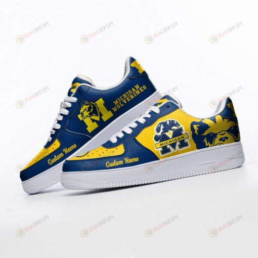 Michigan Wolverines Mascot Logo Pattern Custom Name Air Force 1 Printed In Blue Yellow