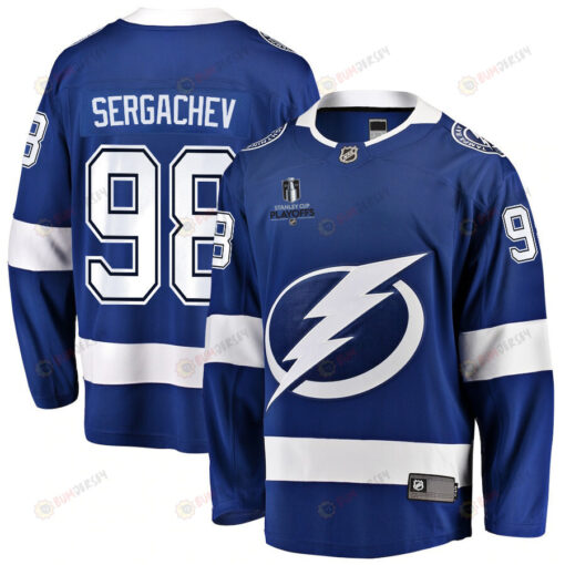 Mikhail Sergachev 98 Tampa Bay Lightning Stanley Cup 2023 Playoffs Patch Home Breakaway Men Jersey - Blue