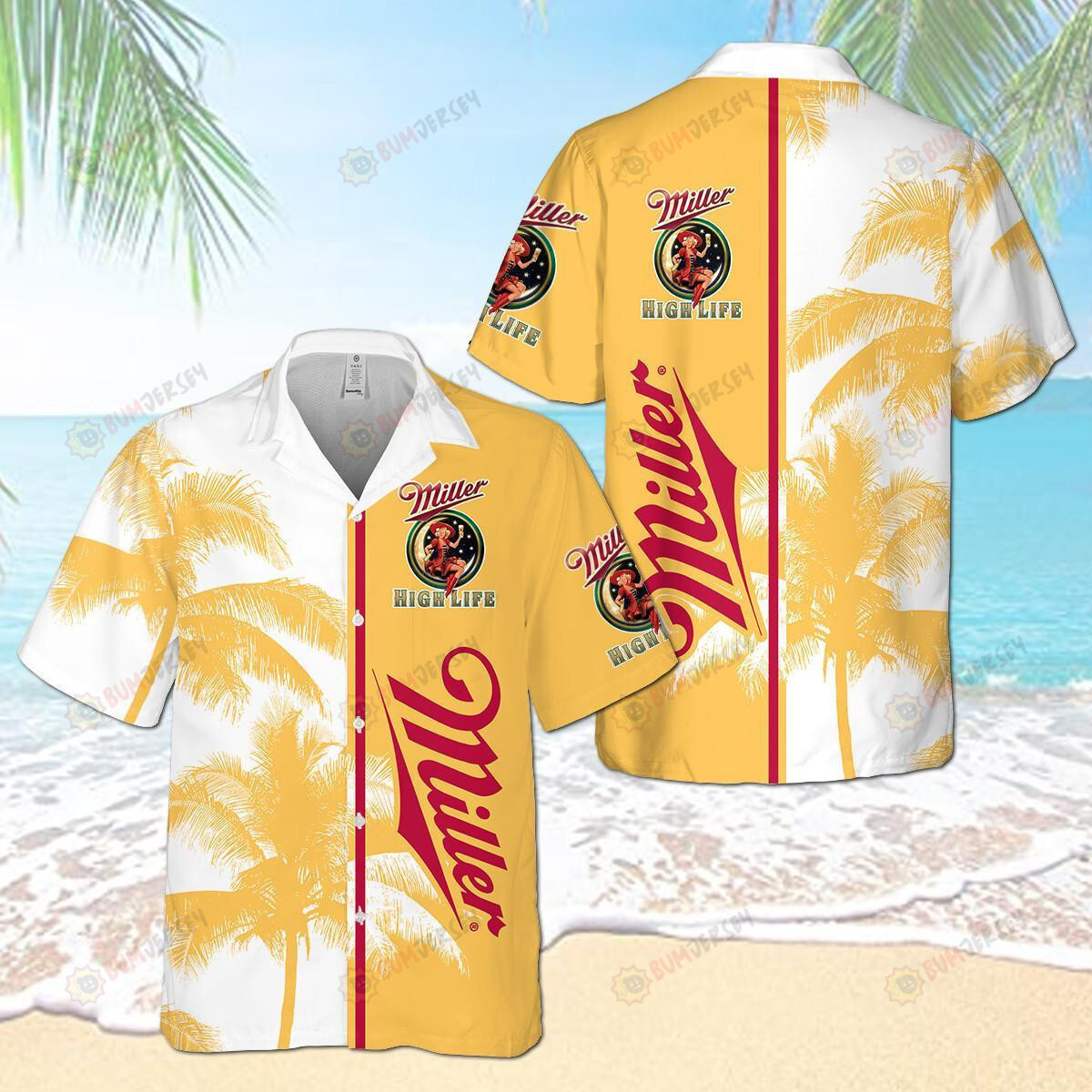 Miller Beer Palm Hawaiian Shirt In Yellow And White