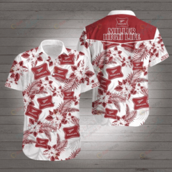 Miller High Life Leaf & Flower Pattern Curved Hawaiian Shirt In Red & White