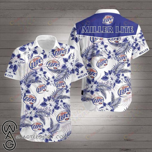 Miller Lite Blue White Short Sleeve Curved Hawaiian Shirt Summer