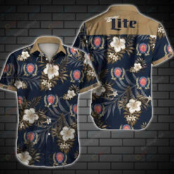 Miller Lite Floral & Leaf Pattern Curved Hawaiian Shirt In Dark Blue