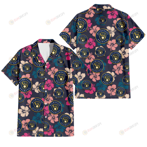 Milwaukee Brewers Colorful Hibiscus Black Background 3D Hawaiian Shirt