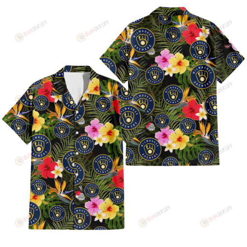 Milwaukee Brewers Colorful Hibiscus Green Leaf Back Background 3D Hawaiian Shirt