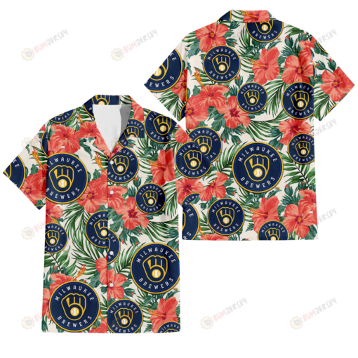 Milwaukee Brewers Coral Hibiscus Green Leaf Beige Background 3D Hawaiian Shirt