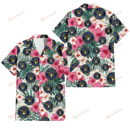 Milwaukee Brewers Coral Pink Hibiscus Green Leaf Beige Background 3D Hawaiian Shirt