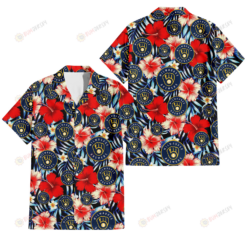 Milwaukee Brewers Coral Red Hibiscus Blue Palm Leaf Black Background 3D Hawaiian Shirt