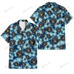 Milwaukee Brewers Dark Turquoise Hibiscus Navy Background 3D Hawaiian Shirt