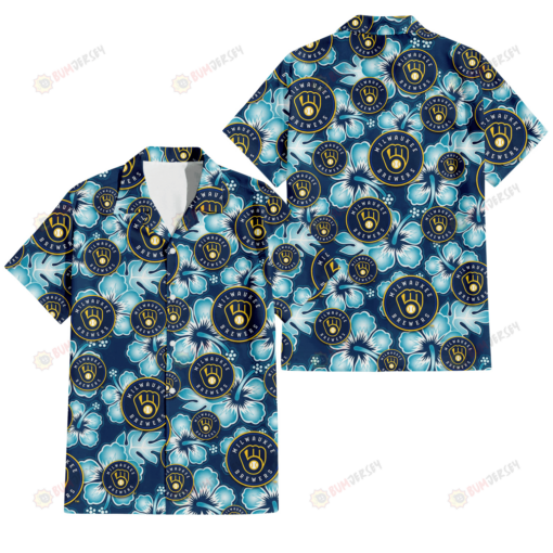 Milwaukee Brewers Dark Turquoise Hibiscus Navy Background 3D Hawaiian Shirt