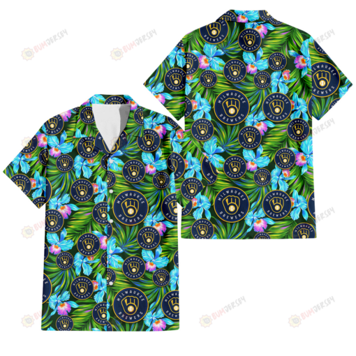Milwaukee Brewers Electro Color Hibiscus Black Background 3D Hawaiian Shirt