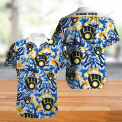 Milwaukee Brewers Floral & Leaf Pattern Curved Hawaiian Shirt In Blue