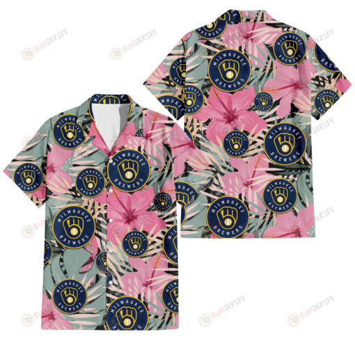 Milwaukee Brewers Light Pink Hibiscus Pale Green Leaf Black Background 3D Hawaiian Shirt