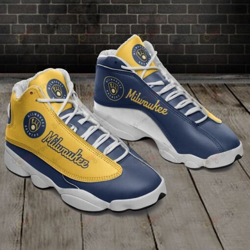 Milwaukee Brewers Logo Pattern Air Jordan 13 Shoes Sneakers In Navy Yellow