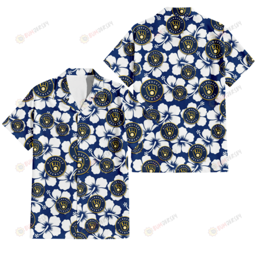 Milwaukee Brewers Modern White Hibiscus Navy Background 3D Hawaiian Shirt