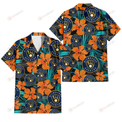 Milwaukee Brewers Orange Hibiscus Blue Gray Leaf Black Background 3D Hawaiian Shirt
