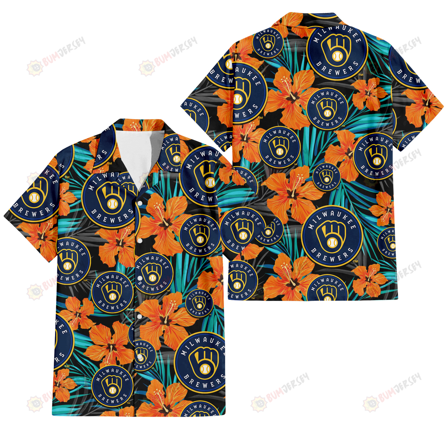 Milwaukee Brewers Orange Hibiscus Blue Gray Leaf Black Background 3D Hawaiian Shirt