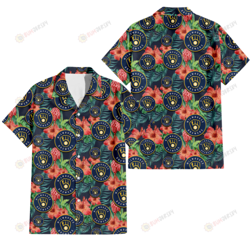 Milwaukee Brewers Orange Hibiscus Green Tropical Leaf Dark Background 3D Hawaiian Shirt