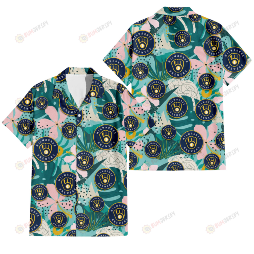 Milwaukee Brewers Pastel Hibiscus Palm Leaf Tiny Dot Green Background 3D Hawaiian Shirt