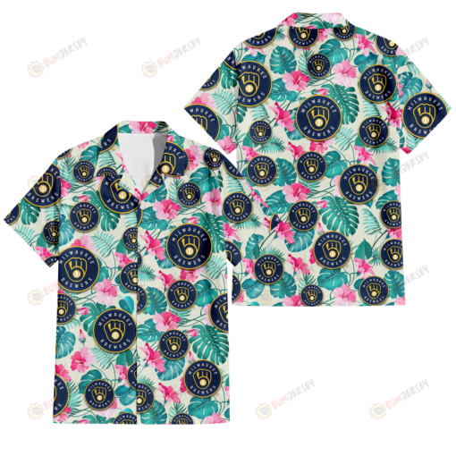 Milwaukee Brewers Pink Hibiscus Green Leaf Beige Background 3D Hawaiian Shirt