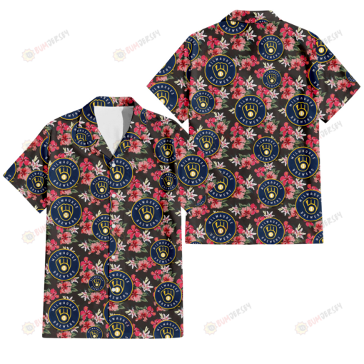 Milwaukee Brewers Pink Hibiscus Orchid Brown Background 3D Hawaiian Shirt