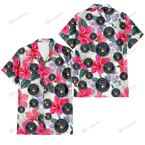 Milwaukee Brewers Pink Hibiscus White Orchid White Background 3D Hawaiian Shirt