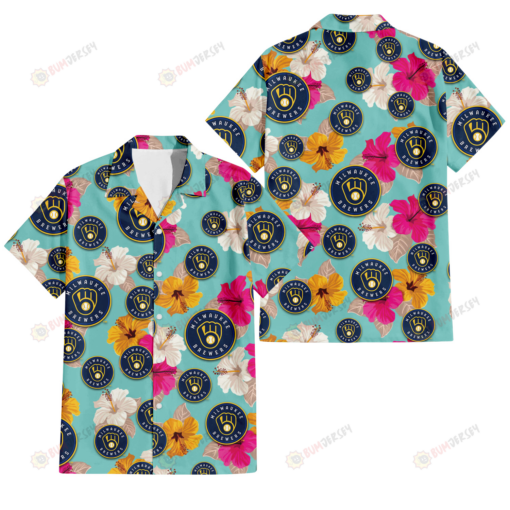 Milwaukee Brewers Pink Yellow White Hibiscus Turquoise Background 3D Hawaiian Shirt