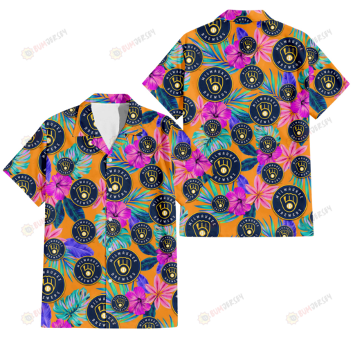 Milwaukee Brewers Purple Hibiscus Neon Leaf Orange Background 3D Hawaiian Shirt