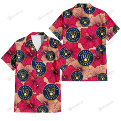 Milwaukee Brewers Red Beige Hibiscus Beige Background 3D Hawaiian Shirt