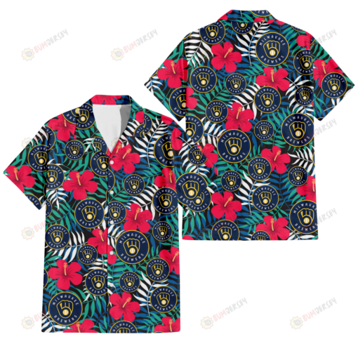 Milwaukee Brewers Red Hibiscus Green Blue White Leaf Black Background 3D Hawaiian Shirt