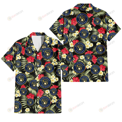 Milwaukee Brewers Red Hibiscus Yellow Porcelain Flower Black Background 3D Hawaiian Shirt