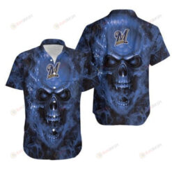 Milwaukee Brewers Skull Pattern Curved Hawaiian Shirt In Dark Blue