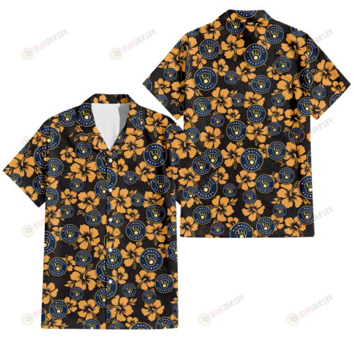 Milwaukee Brewers Tiny Yellow Hibiscus Black Background 3D Hawaiian Shirt