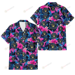 Milwaukee Brewers Violet Red Hibiscus Blue Leaf Black Background 3D Hawaiian Shirt