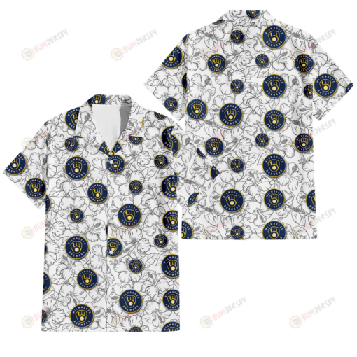 Milwaukee Brewers White Sketch Hibiscus Pattern White Background 3D Hawaiian Shirt