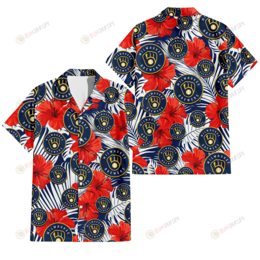 Milwaukee Brewers White Tropical Leaf Red Hibiscus Navy Background 3D Hawaiian Shirt