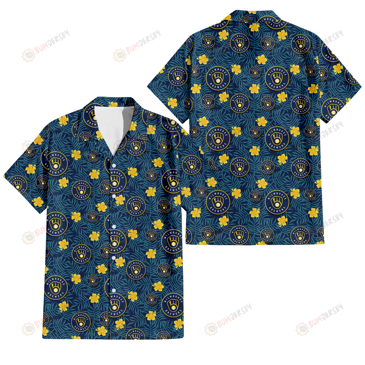 Milwaukee Brewers Yellow Hibiscus Cadet Blue Leaf Navy Background 3D Hawaiian Shirt